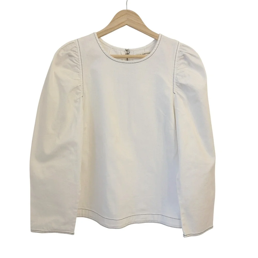 Ulla Johnson Finn Blouse Top 10 White Denim Puff Sleeve Contrast Stitch Minimal